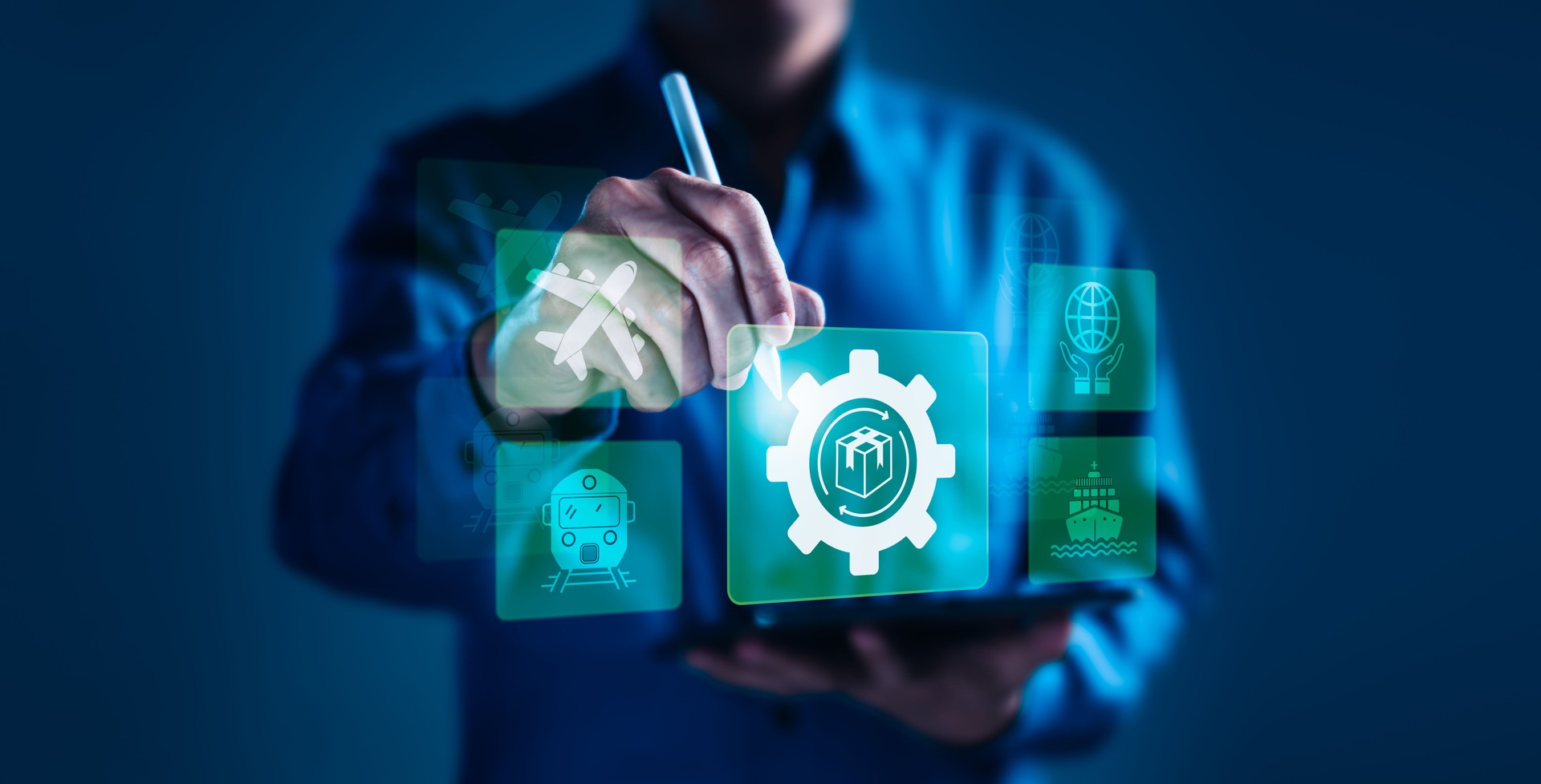 Businessman Using Tablet to Control Supply Chain with Logistics and Transportation Icons